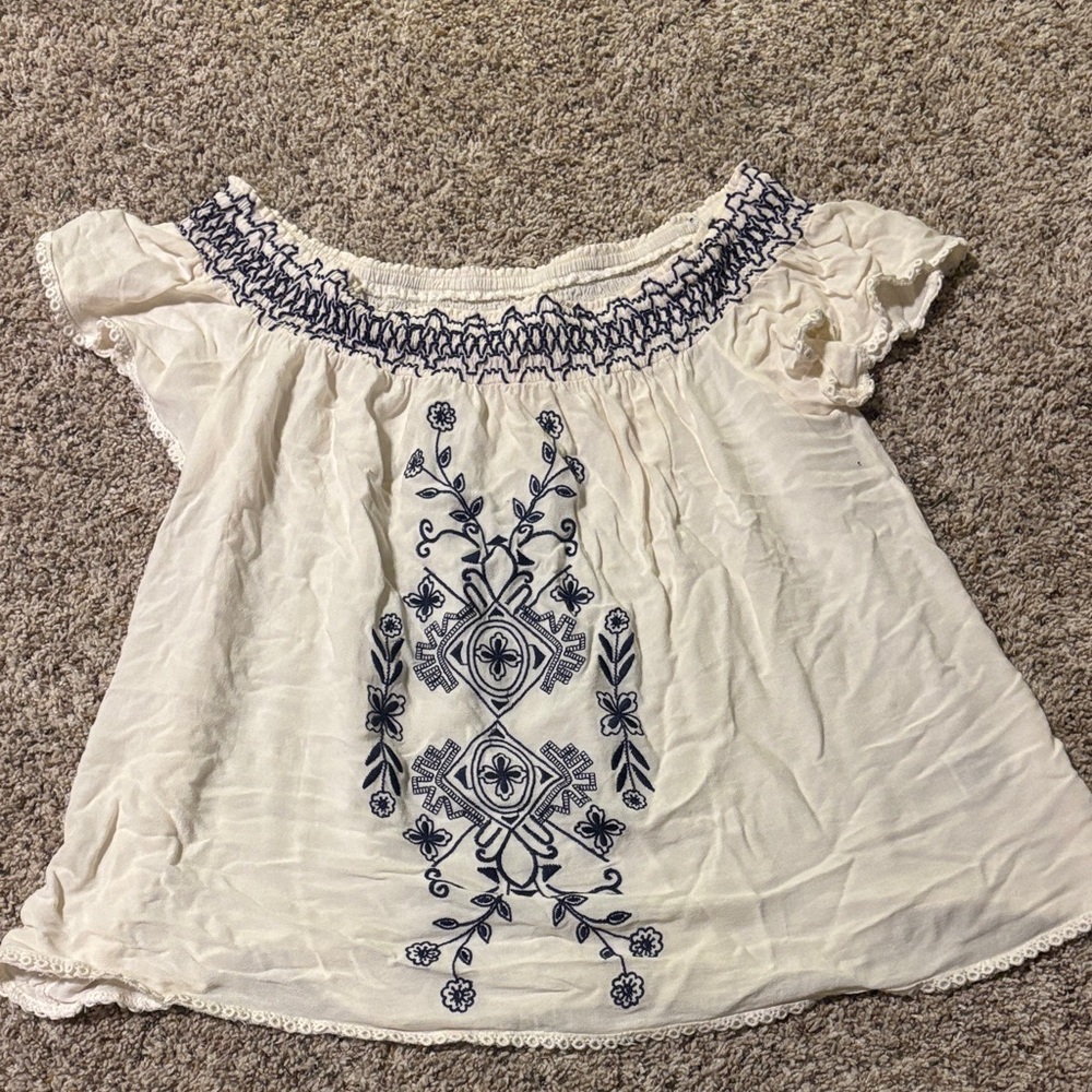 Xhilaration Cream Blouse with Navy Embroidery